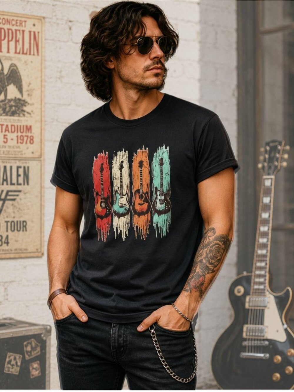 Retro Guitar Shirt Size M Black Music Graphic Tee Polyester Casual